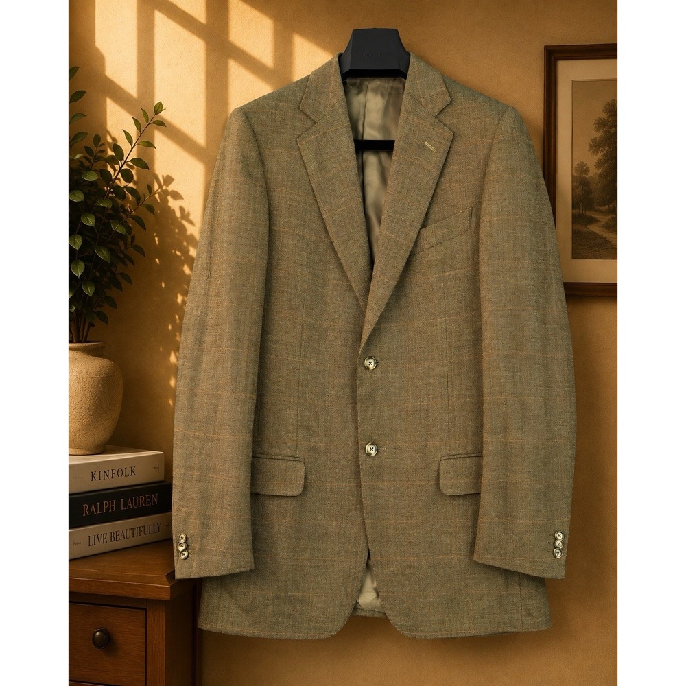 Ermenegildo Zegna Blazer Mens 40R Olive Green Plaid Wool Saks Switzerland